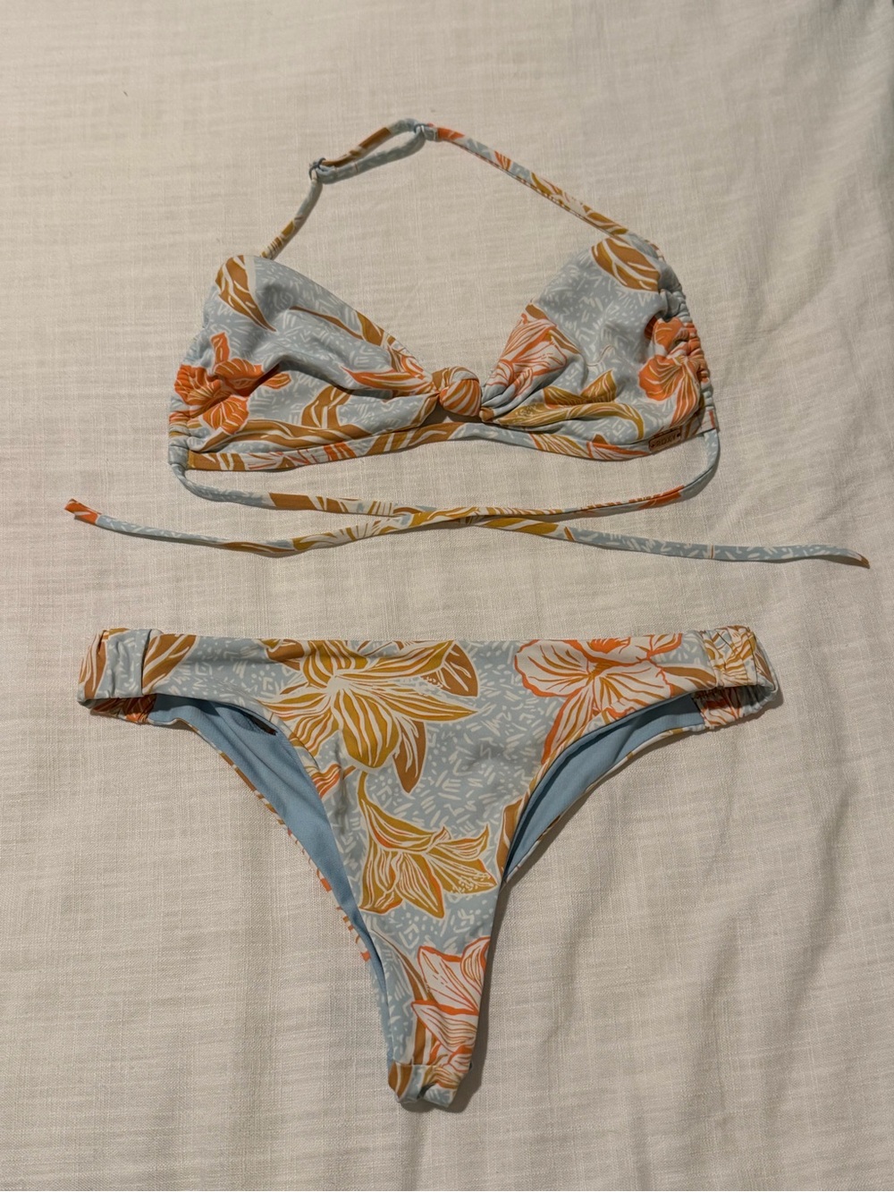 Roxy Light Blue Floral Halter Bikini - Yellow & Orange Print